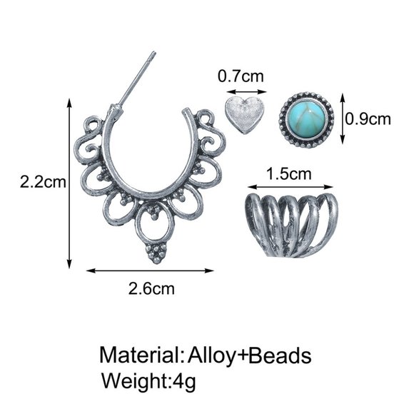 Boho Earrings Faux Turquoise Silver Love 4PC Retro - Picture 2 of 6